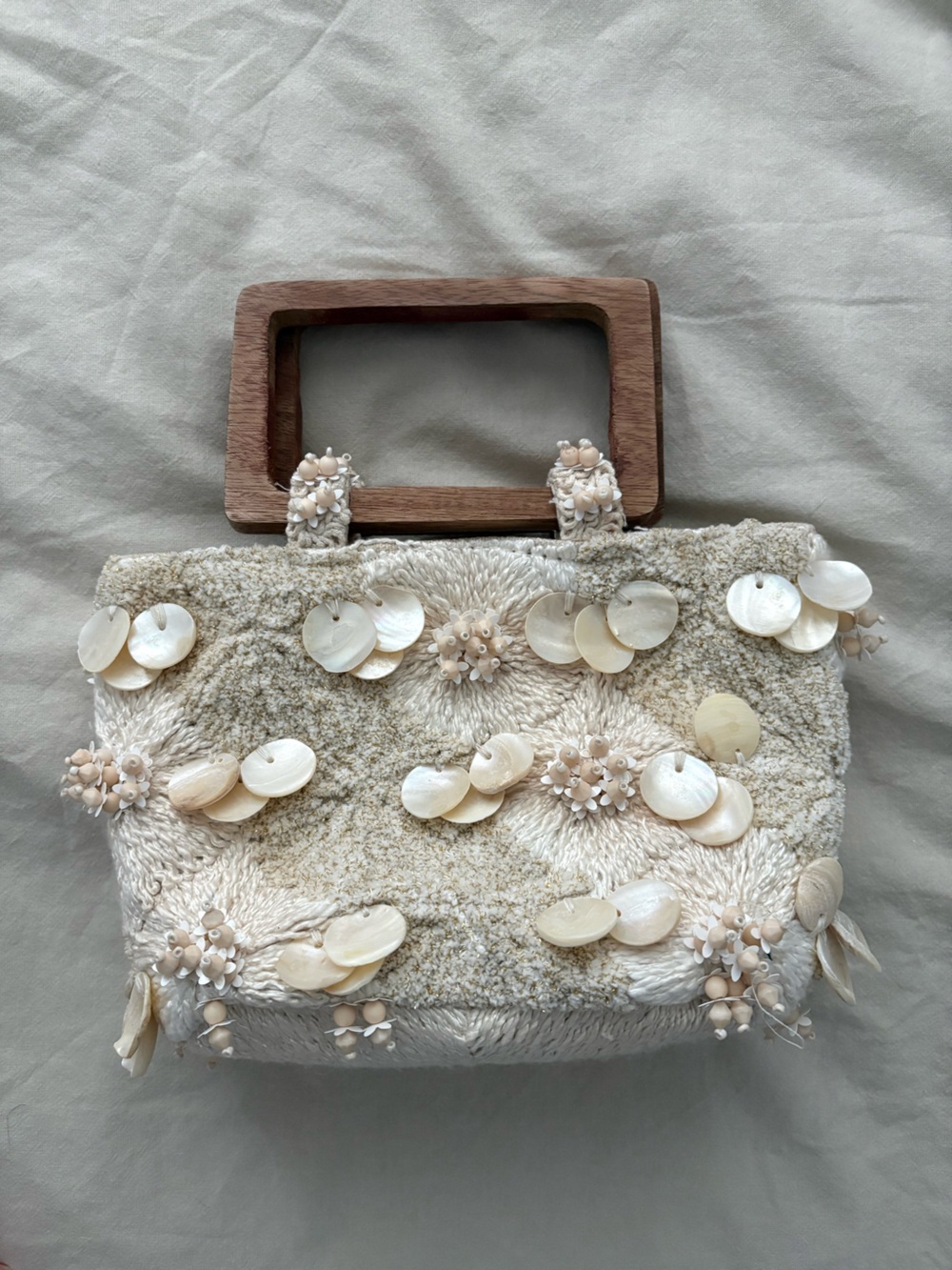 Zara Cream Beaded Shell Mini Bag with Wooden Handle